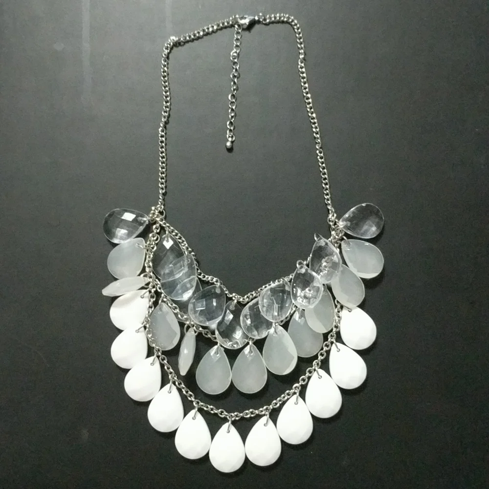 White Clear Faceted Teardrop Multi Strand Necklace
